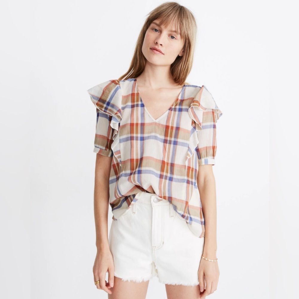 Madewell V-Neck Shoulder-Ruffle Top in Plaid Small